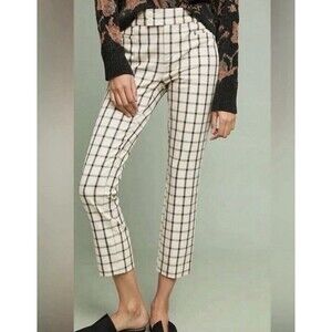 Anthropologie The Essential Slim Plaid Pants 4 Cream Black Windowpane Trousers